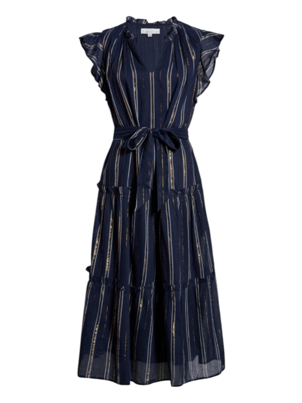 Adelyn Rae Navy Midi Dress Gold Stripe Tie Waist Flutter Sleeve Women Size Small